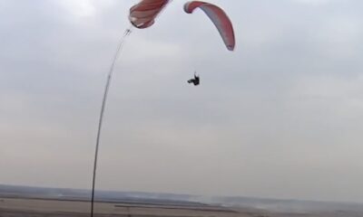 The man who made the paraglide tripped on the fishing pole escaped at the last moment from falling